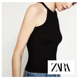 Zara Black Ribbed Halter Sleeveless Bodysuit